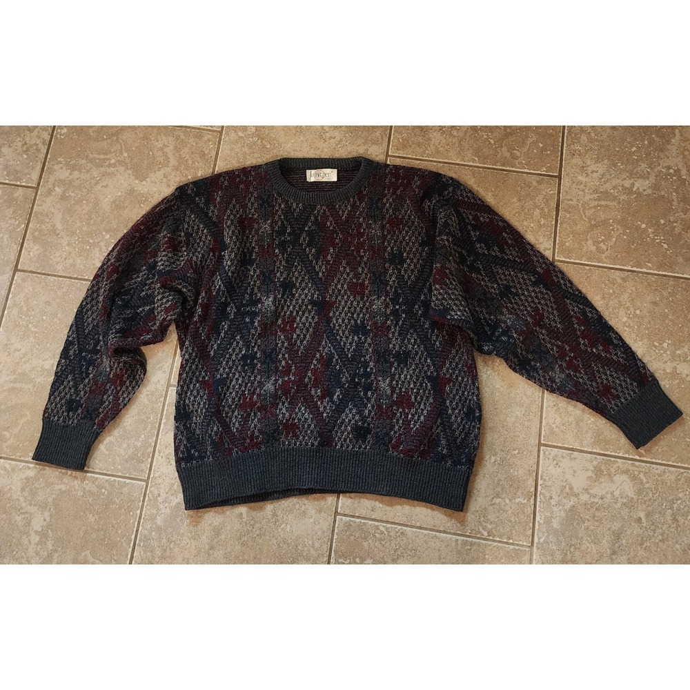 Vintage Jantzen Mens Large Sweater Made in USA Geometric Diamond Knit Crewneck